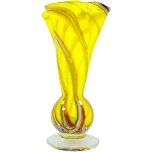 Mid-Century Modern Yellow Twist Art Glass Vase 7.75” tall ribbon pinched top